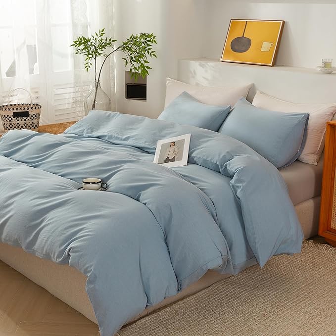 ECOCOTT Haze Blue Duvet Cover Queen Size, 3 Piece 100% Washed Cotton 1 Duvet Cover with Zipper and 2 Pillowcases, Ultra Soft and Easy Care Breathable Cozy Bedding Set (Haze Blue,Queen)