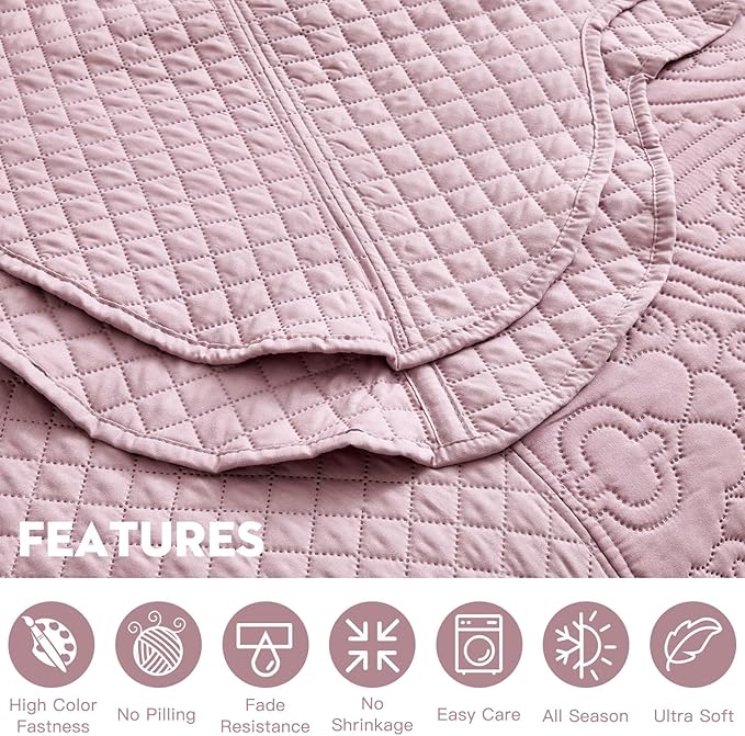 HZ & HY Oversized King Bedspread 138x122 Extra Wide, Ultrasonic Coverlet Bedding Set, Lightweight Thin Comforter, Reversible, 5 Piece, 100% Microfiber, California/Alaskan King, Mauve Shadows