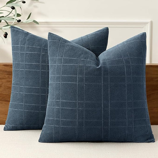 MIULEE Decorative Linen Check Euro Shams Throw Pillow Covers Neutral Farmhouse Vintage Pillow Covers 24x24 Set of 2 Boho Modern Home Decor for Sofa Couch Bedroom Cushion Deep Blue