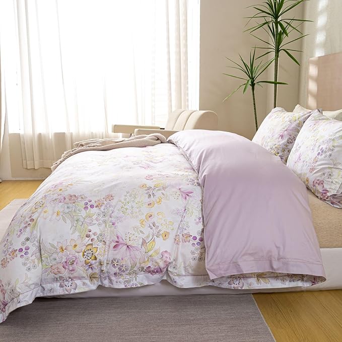 OAITE Duvet Cover Set King Size Floral Pattern Ultra Soft 100% Cotton Duvet Cover Sets 3-PC, Breathable Duvet Cover with Zipper Closure & Corner Ties(2 Pillow Shams,1 Duvet Cover)