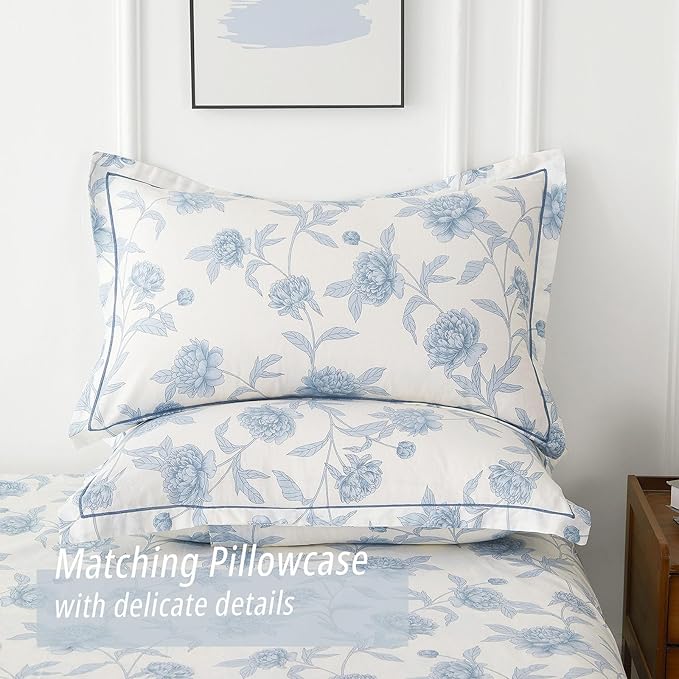 Elegant 100% Cotton Duvet Cover King Size - Soft Blue Peony Flowers on White, Vintage Bedding Set 3Pcs with Button Closure, 1 Duvet Cover 104"x90" and 2 Pillow Shams 20"x26"