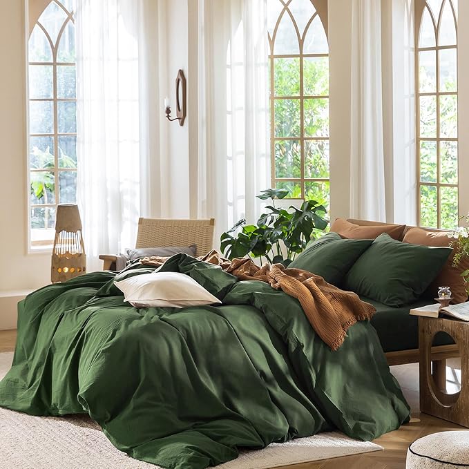 MooMee Bedding Duvet Cover Set 100% Washed Cotton Linen Like Textured Breathable Durable Soft Comfy (Solid Forest Green, King 104"x90")