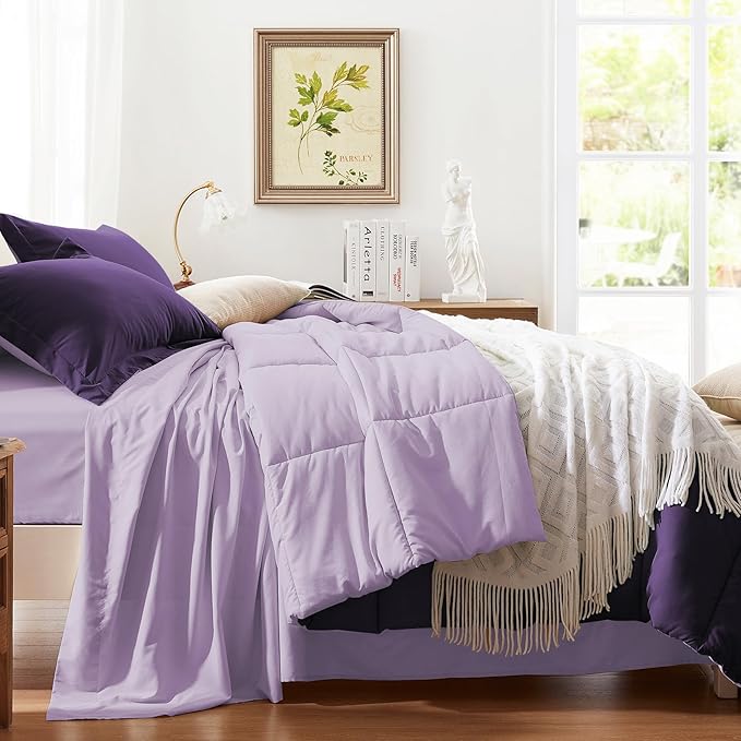 Anluoer Queen Comforter Set,Dark Purple&Light Purple Bed in a Bag 7 Piece,Lightweight Bedding Set with Down Alternative Fill,Bed Set Includes Comforter, Fitted Sheet, Flat Sheet,Pillowcases and Shams