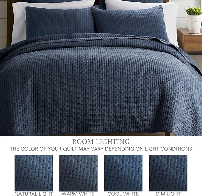 Levtex Home Cross Stitch Reversible Queen Bedspread Set (104x106in) with 2 Pillow Shams (26x20in) - Stitch Texture - Navy - Cotton Queen Size Bedspread Set - Lightweight, Soft, Pre-Washed