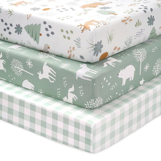 Baby Mini Crib Sheets Boy, Portable 38”x26” Pack and Play Sheets Fitted for Playard and Pack N Play Mattress, 3-Pack Soft Microfiber Green Forest Bear