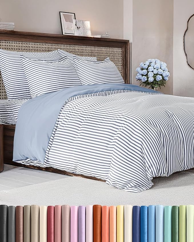 Duvet Cover Queen Size - Extra Soft Queen Size Duvet Cover - Lightweight, Breathable, Easy Care & Fade Free w/ Zipper Closures & Ties - 90" x 90" Inches - (Blue Stripes 2) Comforter Not Included