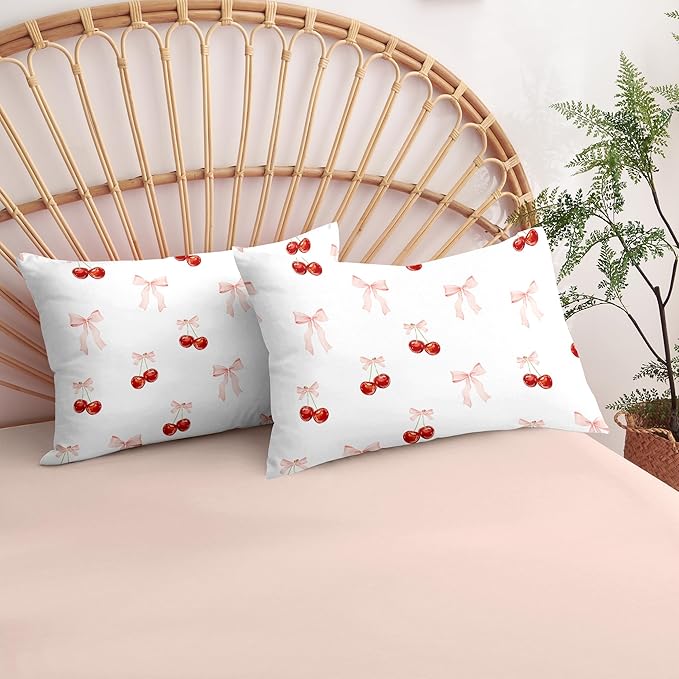 Nayoroom Pink Bow Duvet Cover Full Size Reversible Red Cherry Duvet Cover 3 Pieces Soft Lightweight Microfiber Kids Girls Cute Aesthetic Dorm Bedding Set