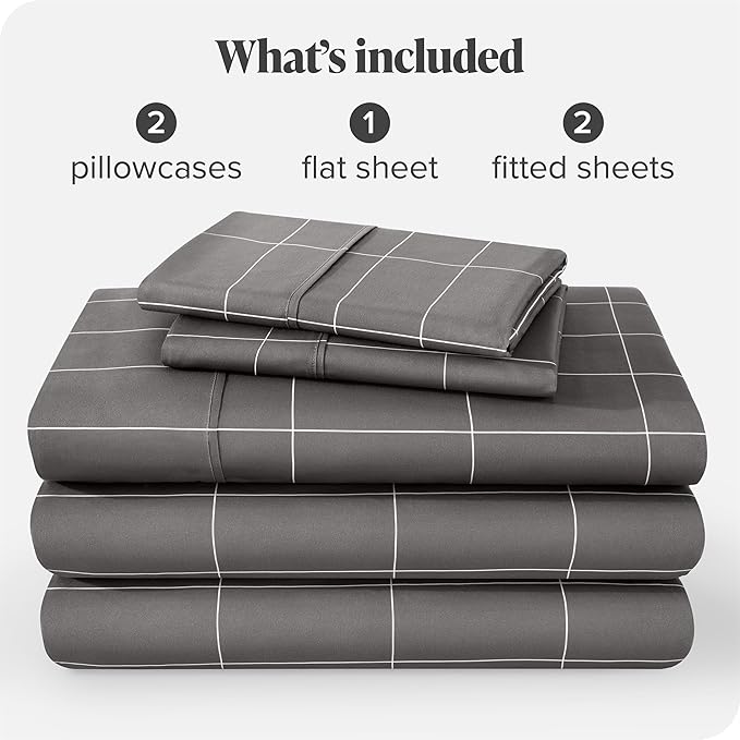 Bare Home Split King Sheet Set - 1800 Ultra-Soft Microfiber Double Brushed - Deep Pockets - Easy Fit - 5 Piece Set - Bed & Pillowcases (Split King, Grid - Grey/White)