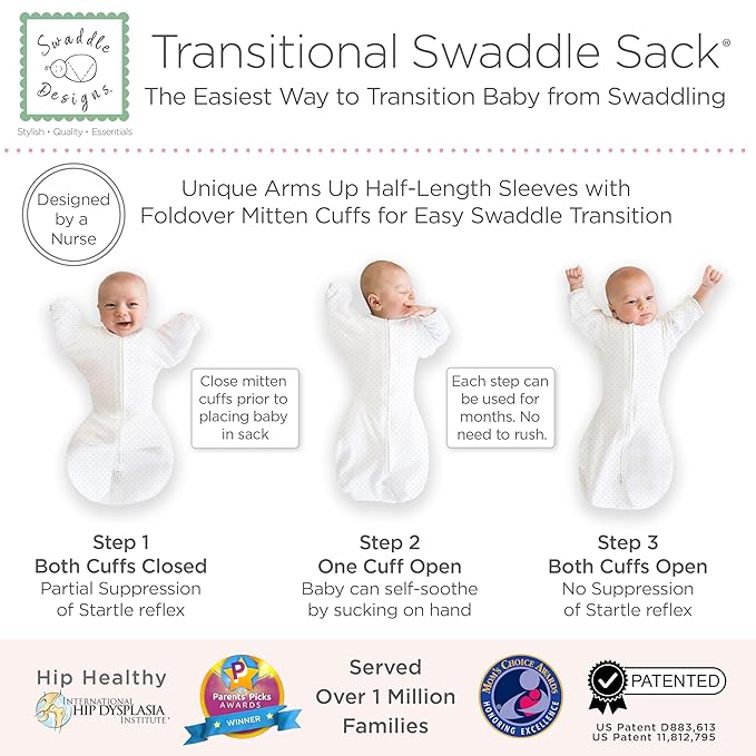 SwaddleDesigns Transitional Swaddle Sack, Arms Up Half-Length Sleeves & Mitten Cuffs, Swaddle for Newborn Transition to Baby Sleep Sack Wearable Blanket, Small, 0-3 Month, 6-14 lb, Sterling Dots