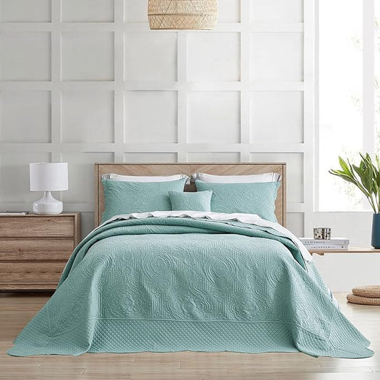 HZ & HY Oversized King Bedspread, Ultrasonic Coverlet Bedding Set, Lightweight Thin Comforter, Reversible, 5 Piece, 100% Microfiber, Seaglass