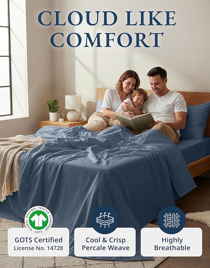 LANE LINEN 100% Organic Cotton Twin Bed Sheet Set, Luxury Hotel Style Fade Resistant Deep Pocket Machine Washable Twin Size Sheet Set, Eco Friendly Mercerized Cotton Sheets- Estate Blue