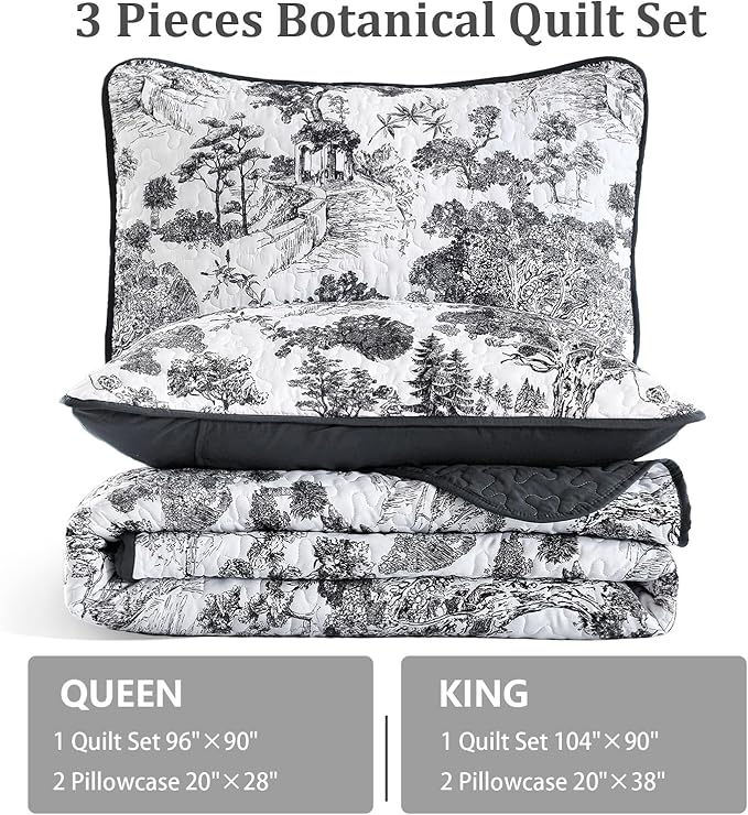 WONGS BEDDING Botanical Quilt Set King Size, Black 3 Pieces Toile Floral Plants Printed Bedspread Bedding Set Soft Lightweight Microfiber Coverlet Set for All Season (104"x90")
