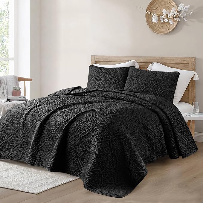 Exclusivo Mezcla King Quilt Bedding Set, Lightweight Soft Bedspreads Coverlets with 2 Pillow Shams, Modern Black Oversized Quilts King Size for All Seasons