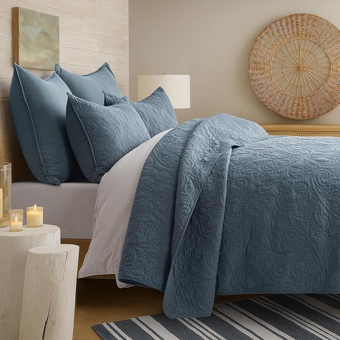 EVERGRACE 100% Cotton Paisley Quilt Set, Queen Size 3 Piece Set – Prewashed Lightweight Bedspread with 2 Shams, Soft & Breathable Matelasse Coverlet for All-Season Comfort, Stormy Blue
