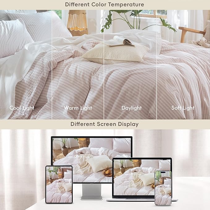 MooMee Striped Duvet Cover Set 100% Washed Cotton Linen Like Textured Breathable Durable Soft Comfy (Heathered Greyish Pink Classic Stripes, Palatial King/Oversized King 120"x98")