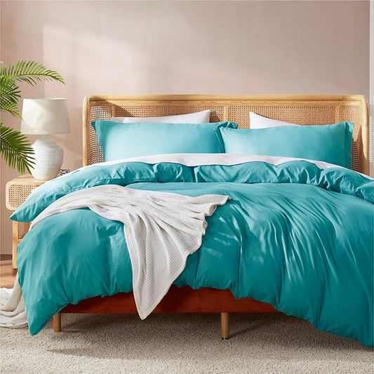 Nestl Queen Duvet Cover Set with Comforter Insert - Teal 4 Piece 90x90 Duvet Cover & 2 Pillow Shams with White Quilted Down Alternative Comforter, Ultra Soft, All Season