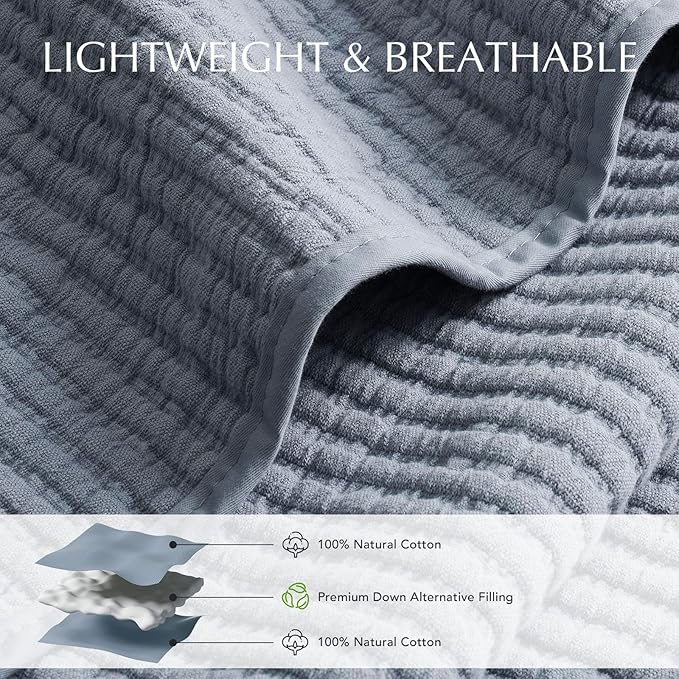 EVERGRACEHOME Cotton Coverlet Set King Size 3 Pieces, Lightweight Soft Ribbed Matelassé Bedspread Quilt Set, Cozy Oversized Quilted Bedding Set with 2 Pillow Shams for All Seasons, Blue Linen