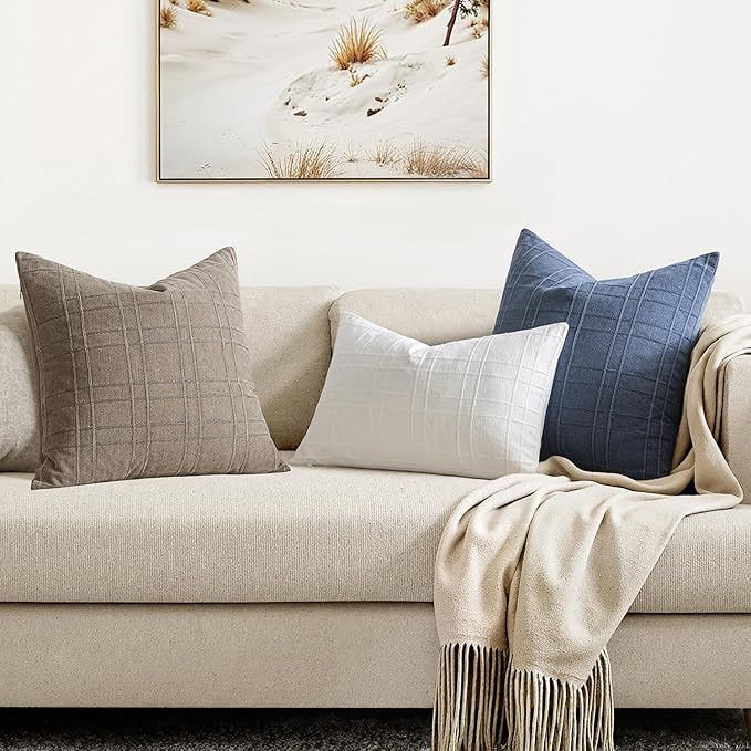 MIULEE Decorative Linen Check Throw Pillow Covers Neutral Farmhouse Vintage Pillow Covers 16x16 Set of 2 Boho Modern Home Decor for Sofa Couch Bedroom Cushion Blue