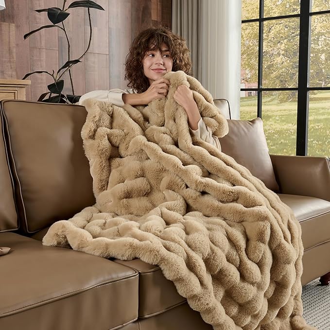 Lotus Karen King Size Faux Fur Blanket Khaki - Big Bubble Rabbit Fluff Blanket for Bed, Large Fluffy Fuzzy Cozy Blanket, Thick Furry Plush Shaggy Blankets, 108x90 Inches