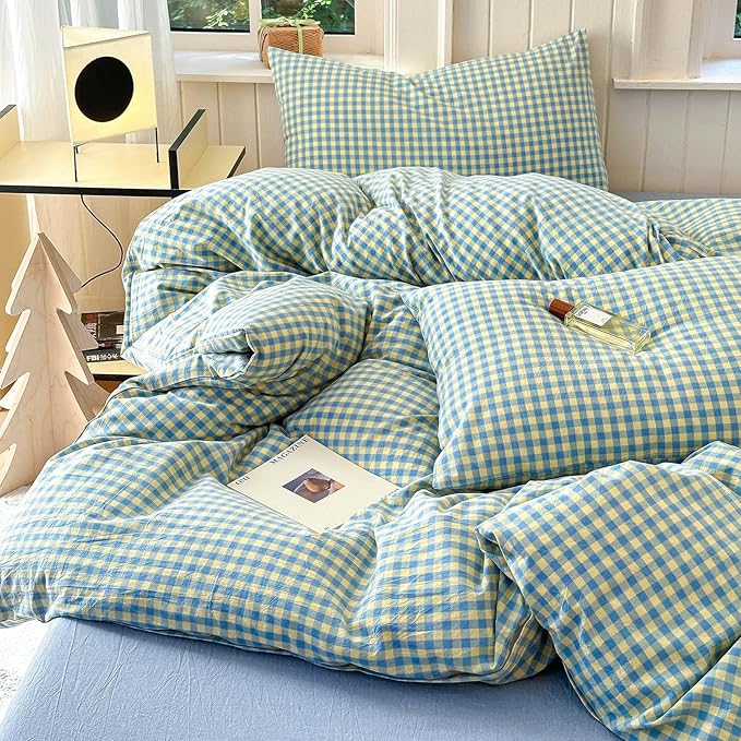 LifeTB Queen Comforter Set Blue Yellow Gingham Comforter with 2 Pillowcases Modern Style Geometric Plaid Comforter 3 Pieces Farmhouse Gingham Bedding Set Fluffy Grid Checkered Comforter Set