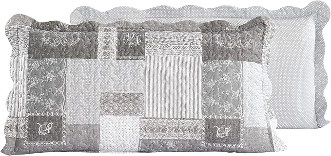 Brilliant Sunshine Grey Heart Love, Floral and Lace Patchwork, 3-Piece Quilt Set with 2 Shams, Reversible Bedspread, Soft Lightweight Coverlet, All-Season, King, Grey