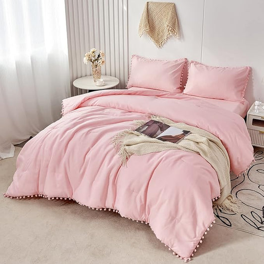PERFEMET Pink Pom Comforter Set Queen Size(90x90inch), 5 Pcs Boho Aesthetic Farmhouse Bedding Set with Sheets Soft Microfiber Down Alternative Comforter Bed in a Bag for Girls Women(Pink, Queen)