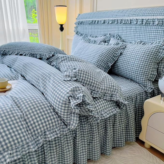 LifeTB Blue Gingham Comforter Set King 3 Pieces Ruffle Plaid Checkered Pattern Comforter Chic Gingham Bedding Set Fluffy Soft Grid Plaid Bedding Comforter Farmhouse Checkered Comforter Set King