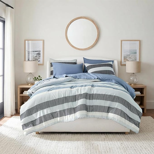 Full Size Modern Striped Comforter Set, Lightweight Soft Microfiber Bedding Sets for All Season 7 Pieces Bed in A Bag Set with Comforter, Sheets, Pillowcases & Shams, Navy Blue