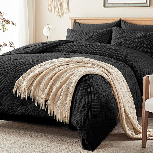 Zzlpp Full Comforter Set 7 Pieces, Black Tufted Bed in a Bag with Comforter and Sheets, All Season Boho Bedding Sets with Comforter, 2 Pillow Shams, 2 Pillowcases, 1 Flat Sheet, 1 Fitted Sheet