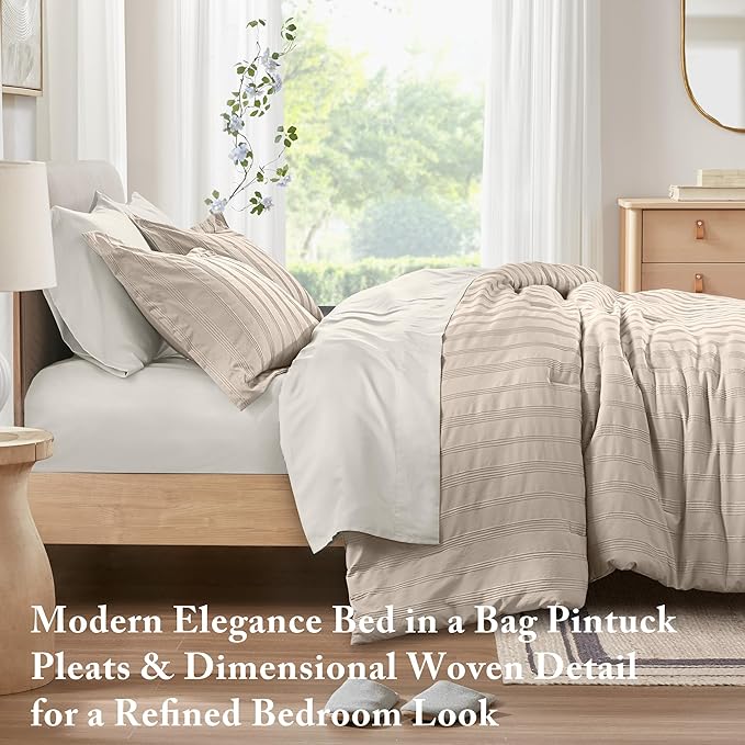Madison Park Essentials Striped Comforter Set King, 7 Pieces Modern Minimalist Jacquard Bedding Set for All Season, Bed in A Bag with Sheet Set and Soft Brushed Reverse, Lightweight Neutral