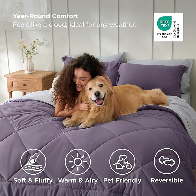Bedsure Twin Comforter Set - 5 Pieces Reversible Grayish Purple Bedding, Twin Size Bed Set for All Seasons, Bed in a Bag with Down Alternative Comforter, Sheets, Pillowcase & Sham