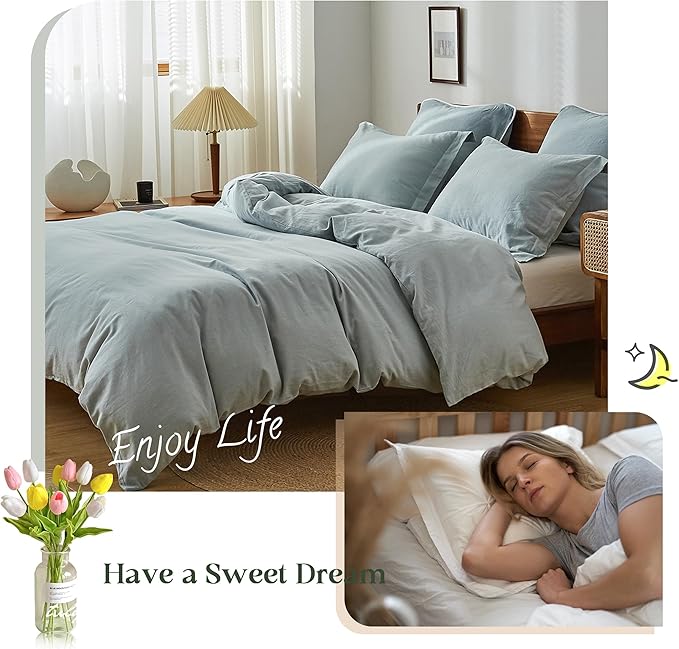 Simple&Opulence 100% Linen Duvet Cover Set, Natural French Flax Dusty Blue Duvet Cover Twin Size, Breathable Soft Comfy Linen Bedding Comforter Cover with 1 Pillowcase(Dusty Blue, 68"x86")