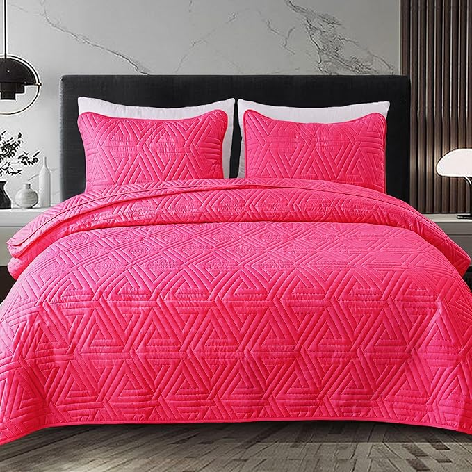 Whale Flotilla Soft Twin Size Quilt Set for All Seasons, 2-Piece Ultrasonic Geometric Quilts Bedding Set, Lightweight Reversible Bedspread, Coverlet, Bed Cover with Pillow Sham, Hot Pink