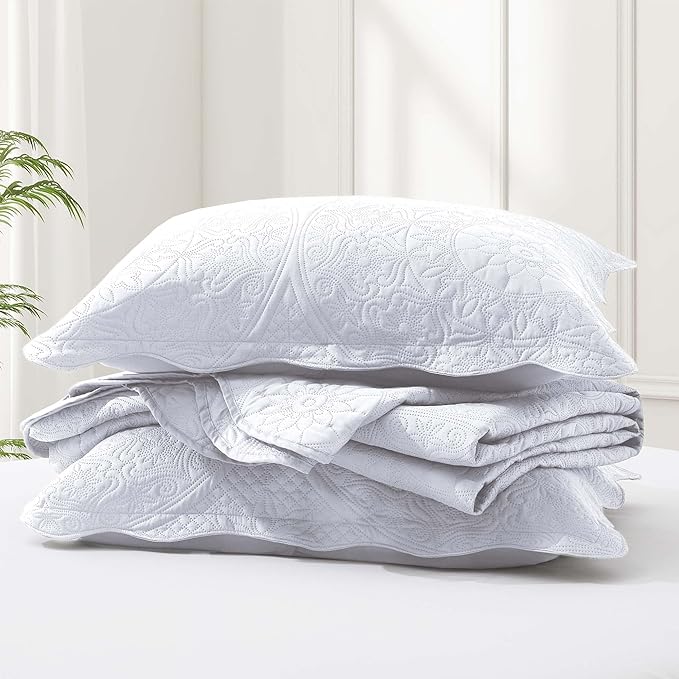MOONLIGHT20015 California King Quilt Bedding Set Size (118"x106") + 2 Pillow Shams (20" x 36"+ 2") - 3 Pcs All Season Reversible Microfiber Coverlet Embossed Floral Quilt Bedspread (White)