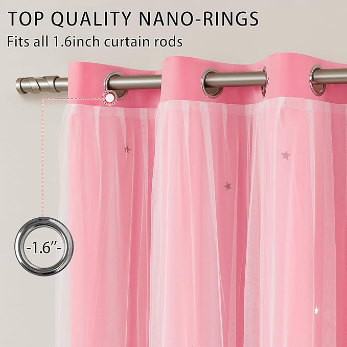 XiDi Pink Curtains for Girls Nursery Room 90 Inches Long Blackout Double Layer Curtains with Sheer Overlay for Kids Toddler Princess Bedroom Living Room Darkening Grommet Window Drapes W52 X L90