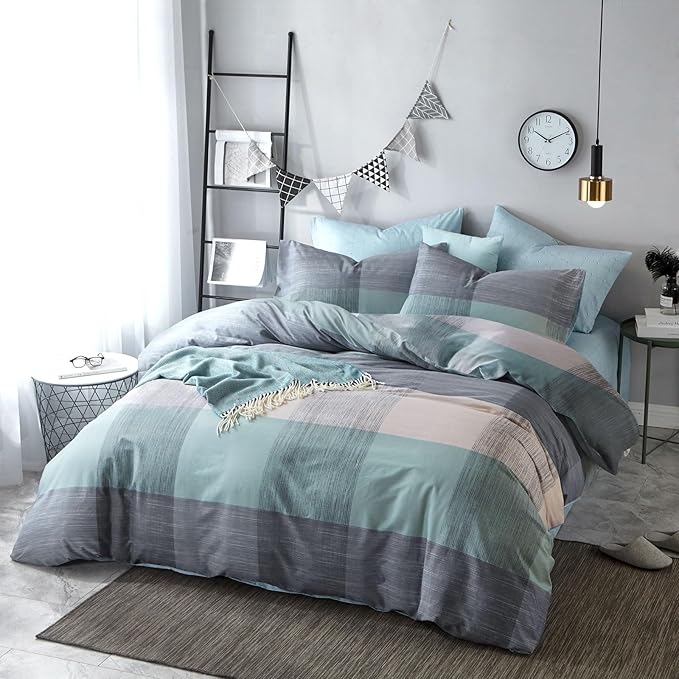 VM VOUGEMARKET Cotton Modern Duvet Cover Set Blue Green Multi-Dimensional Patchwork Design Simple Luxury Cool 3 Pieces King Bedding Set-No Comforter