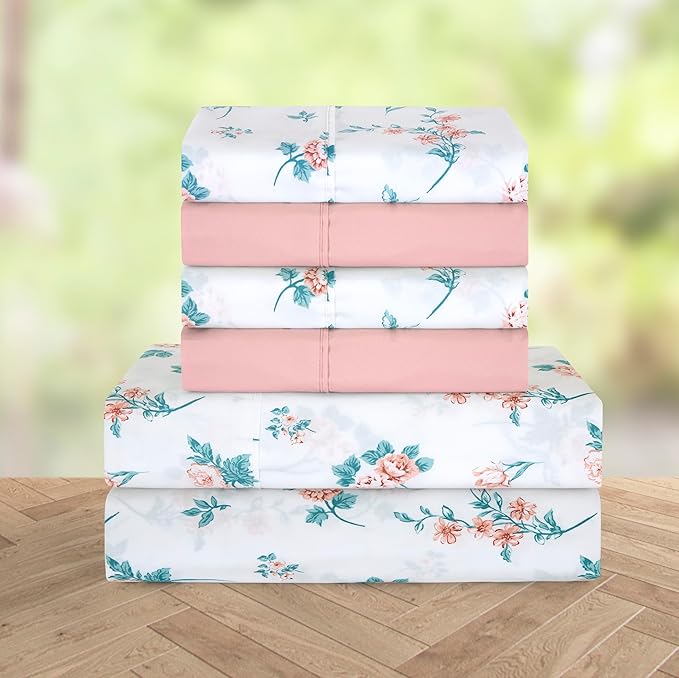 Elegant Comfort Softest and Coziest 6-Piece Sheet Set - 1500 Premium Hotel Quality Microfiber - Deep Pocket, Wrinkle Resistant 6-Piece Floral Bed Sheet Set, California King, Celia Pink