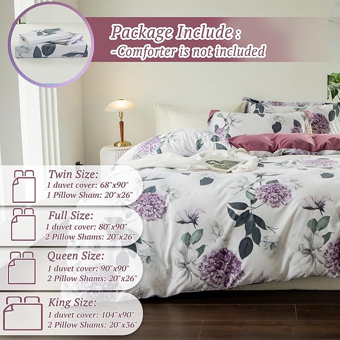 MILDLY 100% Washed Cotton Duvet Cover - Hydrangea Floral Comforter Cover Set Botanical Flower Pattern Bedding Set with Zipper Closure 4 Ties Full Size