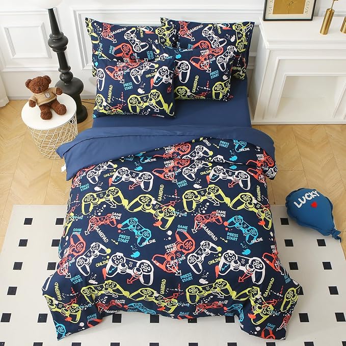Glow in The Dark Kids Comforter Set, 5 Pieces Gamepad Bedding Set Twin Size for Boys Girls Teen, 1 Comforter, 1 Pillowcase, 2 Pillow Shams