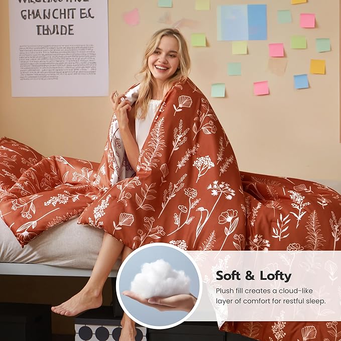 Joiedomi Twin Comforter Set Terracotta, 2 Pieces Floral Twin Bedding Set with 1 Soft Reversible Botanical Comforter and 1 Pillow Sham, Bed in a Bag for All Seasons