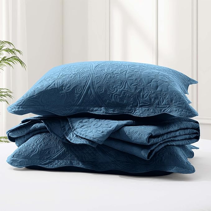 IR Imperial Rooms California King Quilt Bedding Set Size (118"x106") + 2 Pillow Shams (20" x 36"+ 2") - 3 Pcs All Season Reversible Microfiber Coverlet Embossed Floral Quilt Bedspread (Light Blue)