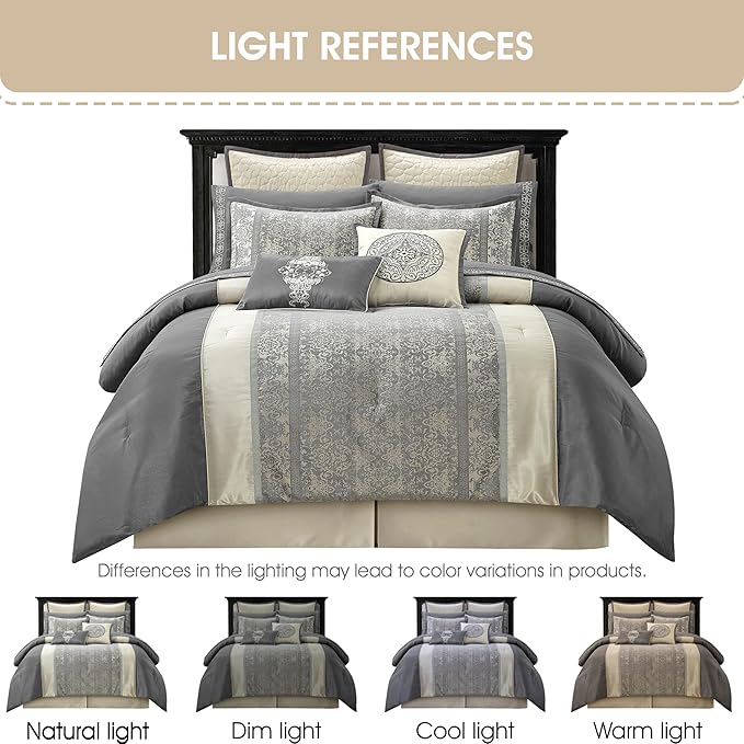 Grand Avenue Silver & Ivory Comforter Set California King Size, Classic Jacquard Bedding Sets, Faux Silk, Premium Microfiber, 12 Pieces Bed in a Bag, Matching Fitted Sheet, Flat Sheet