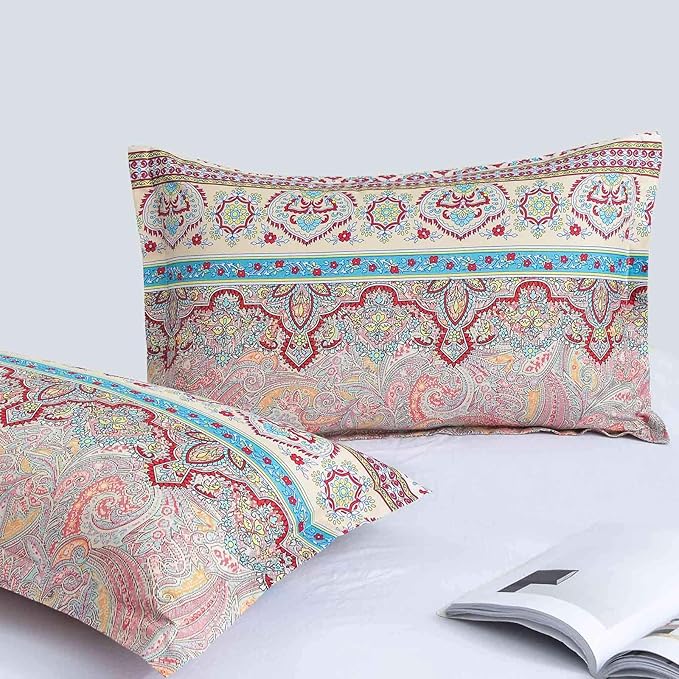 Nanko Comforter Set Queen Size, 3pc Boho Red Blue Colorful Retro Striped Pattern Print 88 x 90 inch Reversible Comforter Microfiber Duvet Sets Bedding Bohemian Exotic Modern Farmhouse for Men Women