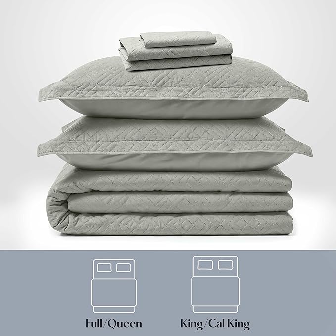 Hearth & Harbor Queen Quilt Set – All-Season Lightweight Bedspread & Coverlet with Pinsonic Weave - 7 Piece Queen Quilt Set with Pillow Shams, London Fog - Queen Diamond