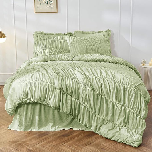 Bonlino Queen Comforter Set Green Bedding - Ruched Comforter Queen Size Bed Set Boho Shabby Chic Bedding for Bedroom Comforter Fluffy 3 Piece Ruffle Comforter Set Sage Green