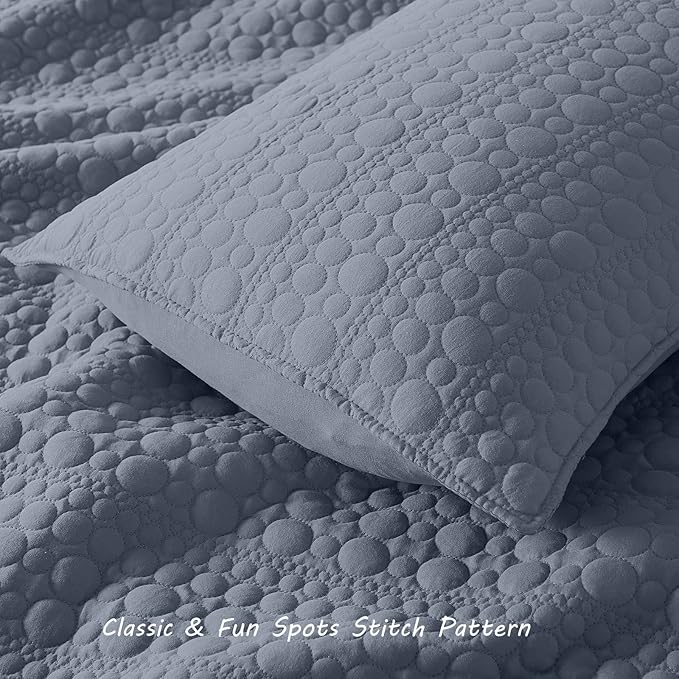 HORIMOTE HOME Quilt Set Queen Size Denim Blue, Classic Geometric Spots Stitched Pattern, Pre-Washed Microfiber Coverlet Ultra Soft Lightweight Quilted Bedspread for All Season, 3 Pieces