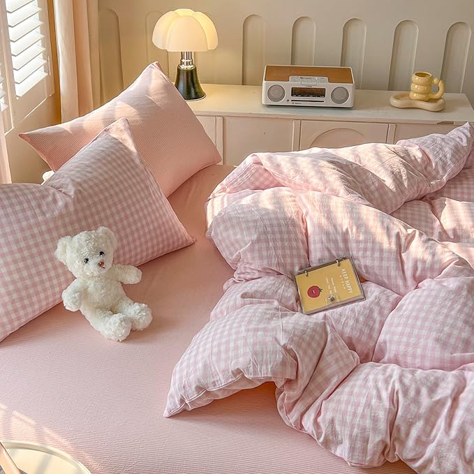 mixinni Light Pink Gingham Duvet Cover Set King Size - 100% Washed Cotton 3 Piece Plaid Checkered Bedding Set, Soft Comfy Grid Farmhouse Comforter Cover with Zipper Closure & Corner Ties
