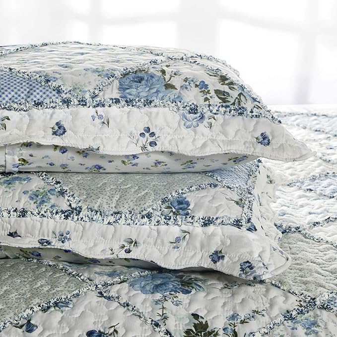 Oversized King Size Blue Floral Plaid Patchwork Quilt Set 128x120 Extra Wide Super King Size Rversible Quilted Bedspread Coverlet Set 3-Piece Comforter Bedding Set Bed Cover with 2 Pillow Shams | Oversized King Quilt, Blue Floral Quilt, Rversible Bedsp...