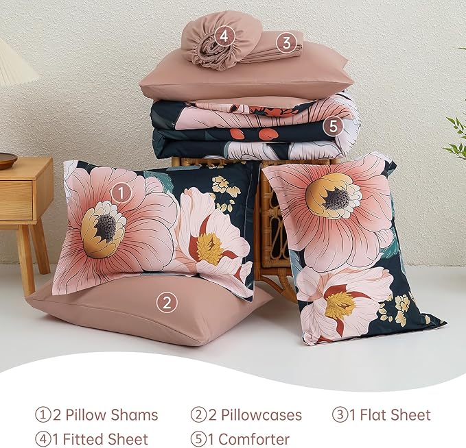Xruibed King Comforter Set Blue Floral Comforter King Size 7 Pieces Bed in a Bag Flower Bedding Comforter Sets Lightweight Boho Bed Set with Sheet,Pillowcases&Shams for All Season