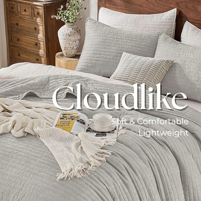 DOWN HOME King Quilt Bedding Set with Shams, Vintage Washed Soft Quilted Blanket Thin Comforter Lightweight Bedspread Coverlet Bed Cover, Brushed Microfiber Stripe Stitching, Light Gray, 104"x90"